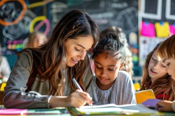 A teacher assists a focused student with classwork in a colorful classroom setting.