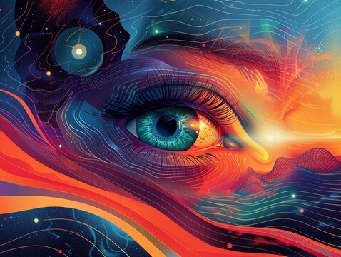 Capture the essence of parallel universes through a unique graphic design showcasing dream realms at eye level Use vibrant colors and abstract shapes to depict the boundary between reality and dreams