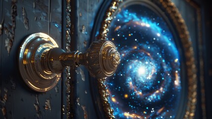 Door knob turning to reveal a gateway to a galaxy - obrazy, fototapety, plakaty