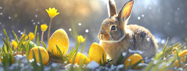 A rabbit sits surrounded by yellow crocuses and snow, a seasonal blend of winter and spring. The...