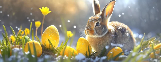 Foto op Aluminium A rabbit sits surrounded by yellow crocuses and snow, a seasonal blend of winter and spring. The creature complements the flowers, embodying nature's adaptation and renewal. © Igor Tichonow