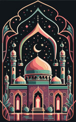 2d vector illustration art colorful Ramadan mosque professional shirt design, illustration, typography, dark fantasy
