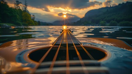 Guitar strings resonating into waves on a serene lake - obrazy, fototapety, plakaty