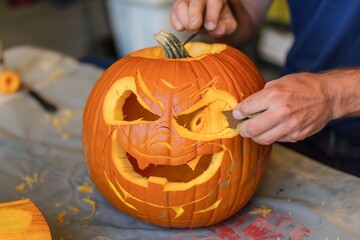 man carving a pumpkin with a humorous face