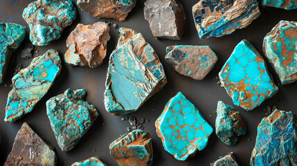 A vibrant array of raw turquoise stones with natural patterns showcased on a dark background