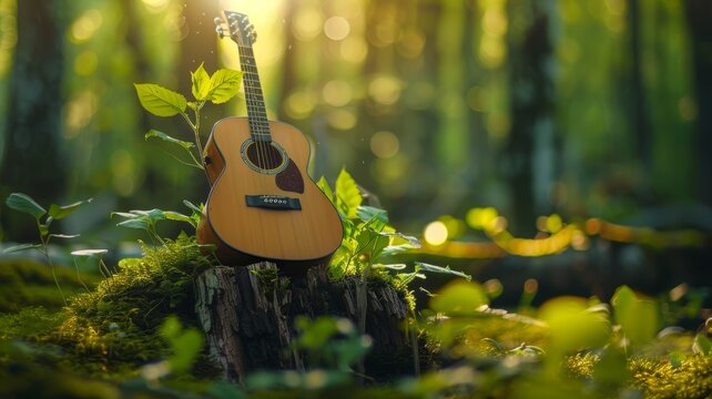 Guitar growing from a tree trunk in a music forest