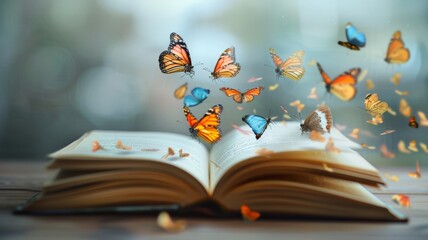 Notebook with words lifting off the pages as butterflies