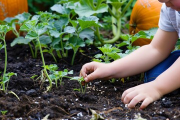 child planting pumpkin seeds in a garden
