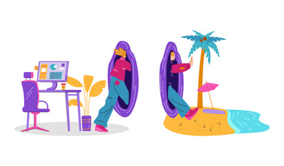Person goes through teleport portal from office to the beach, escape from work to rest, vector space dimension travel