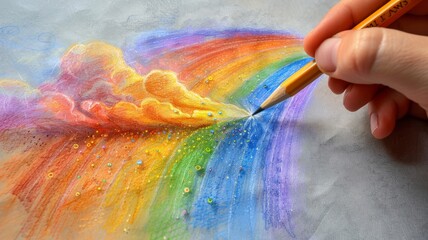 Pencil drawing a rainbow that becomes real in the sky