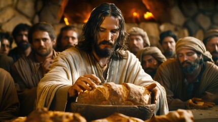 Jesus breaking bread during the last supper, symbolizing his body offered for humanity