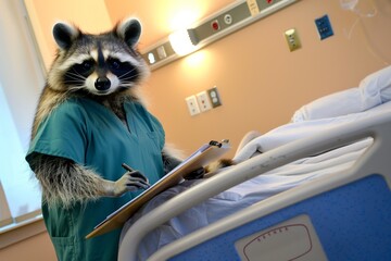 raccoon in scrubs holding a clipboard beside hospital bed