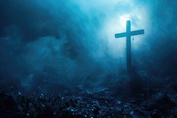 Moonlit Golgotha, dim blue hue, Jesus Christ bearing His cross, lowangle, ethereal mist
