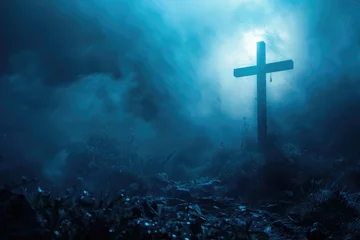 Fototapeten Moonlit Golgotha, dim blue hue, Jesus Christ bearing His cross, lowangle, ethereal mist © Pungu x
