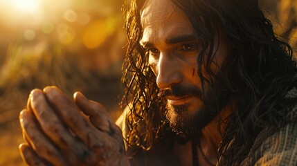 Closeup of Jesus, expressive hands, warm glow illuminating His face, deep connection, serene wisdom - obrazy, fototapety, plakaty