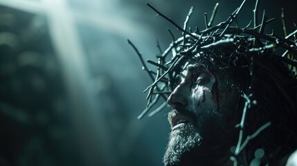 Crown of thorns placed on Jesus, stark lighting, topdown view, poignant contrast - obrazy, fototapety, plakaty