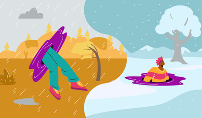 Man using teleport or portal to travel through seasons flat style