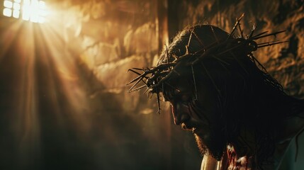 Crown of thorns placed on Jesus, stark lighting, topdown view, poignant contrast