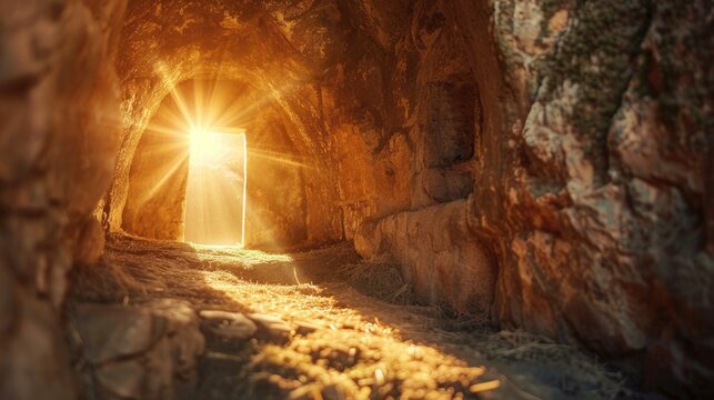 An empty tomb at dawn, light streaming in, signifying Jesus resurrection