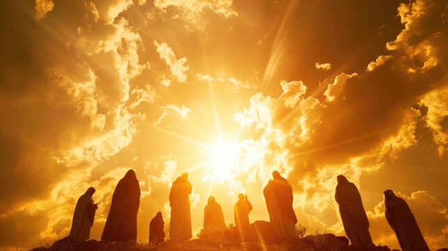 Ascension of Jesus, disciples gazing upward, sunrise backlight, lowangle, aweinspiring
