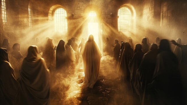 Jesus appearing to the disciples after resurrection, a room filled with awe and light