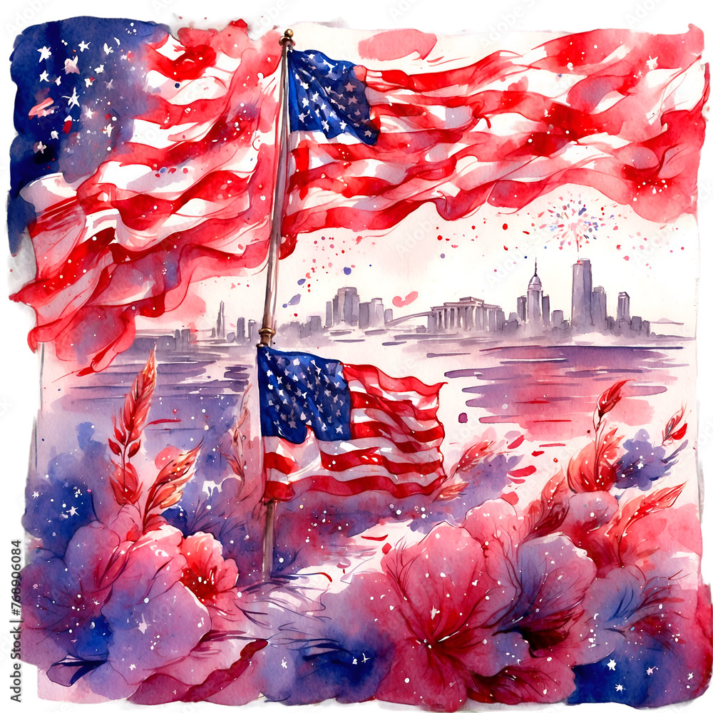 Wall mural independence day, american flag , watercolor illustration, png on transparent background