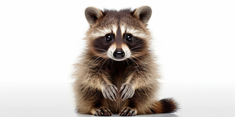Baby raccoon sits on a white background.