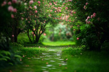 Pink blossoms lining a tranquil green path