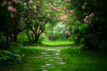 Fotobehang Pink blossoms lining a tranquil green path © grape_vein