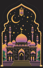 2d vector illustration art colorful Ramadan mosque professional shirt design, illustration, typography, dark fantasy