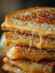 Golden grilled cheese, cheese stretch captured, cozy kitchen atmosphere, inviting closeup close-up