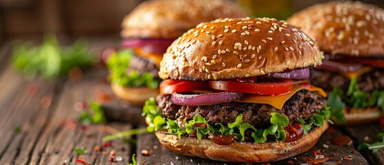 Juicy burgers on rustic table, grill marks visible, vibrant ingredients, mouthwatering closeup ultra HD