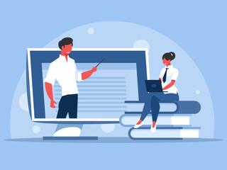 Female student listening webinar online. Male lecturer giving a lecture. Education concept. Vector graphics