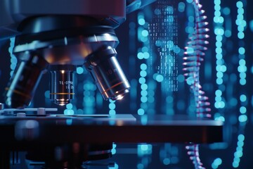 Biotechnology research on a molecular level, samples under a microscope with digital analysis