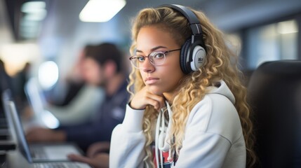 A young woman wearing headphones is looking at the camera. - obrazy, fototapety, plakaty