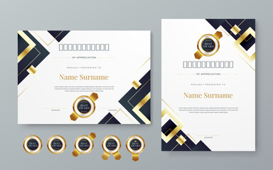 Black white and gold vector professional and modern award corporate certificate design template. For award, business, diploma, workshop, award, graduation, completion, competition and education