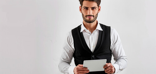 A diligent waiter in a crisp white shirt and black vest, holding a tablet with digital orders in hand, standing with confidence against a white backdrop, ensuring accuracy and efficiency in order-taki - obrazy, fototapety, plakaty