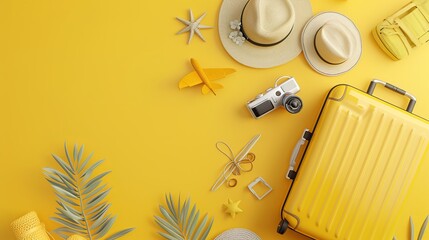 Vibrant travel essentials: flat lay of yellow suitcase & accessories on sunny background - 3d render