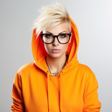 Portrait of a blonde woman in an orange hoodie