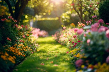 Tranquil garden path with vibrant flowers - obrazy, fototapety, plakaty