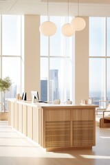 A light wooden reception desk, Japandi style, located in an open space office with large windows,...