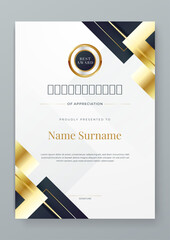 Black white and gold certificate design with luxury and modern certificate award design template pattern. Certificate of achievement, awards diploma, education, school