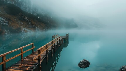 Foggy day serenity: stunning turquoise lake view from wooden quay amidst misty mountain landscape