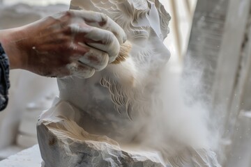 brushing off dust from a nearly finished stone sculpture - obrazy, fototapety, plakaty