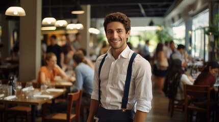 Portrait of a young male waiter wearing a white shirt and suspenders standing in a busy restaurant - obrazy, fototapety, plakaty