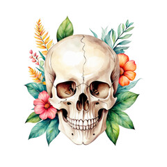 Human skull with flowers and leaves, botanical illustration, watercolor painting, skull bone, gothic, study, project, for scrapbook, crafts, presentation, cutout on white background
