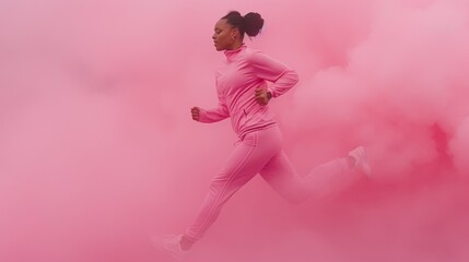 Young African American woman running in pink sportswear against pink background