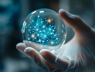 Close-up on hands holding a petri dish with a new pharmaceutical compound, digital molecule overlay