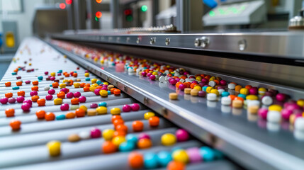 Efficient Drug Packaging: Pills on Conveyor to Blister Sealer - obrazy, fototapety, plakaty