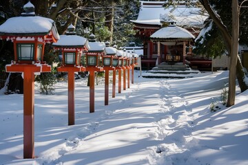 snow lanterns lined up leading to a shrine, footsteps in the snow